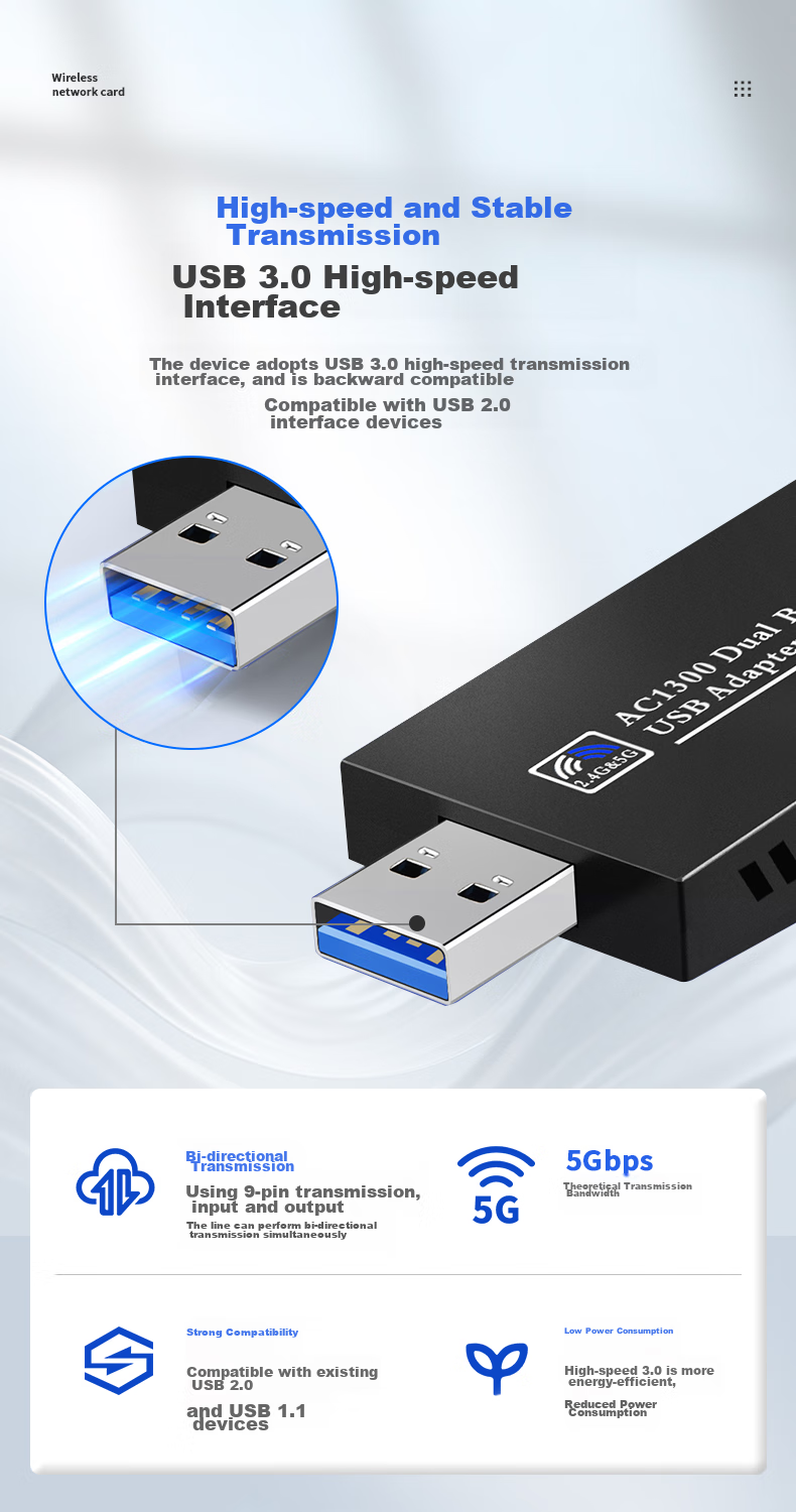 Сетевой адаптер Newmine D1302, 1300 Мбит/с, двухдиапазонный, USB 3.0, с двумя внешними антеннами, для настольных ПК и ноутбуков