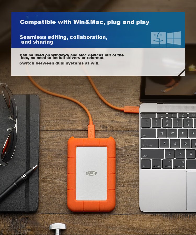 Внешний аккумулятор LaCie Rugged Portable Hard Drive, 2 ТБ, ударопрочный, водостойкий, пыленепроницаемый, интерфейс USB-C, совместимость с Mac, портативный и устойчивый к падениям, внешний жесткий диск