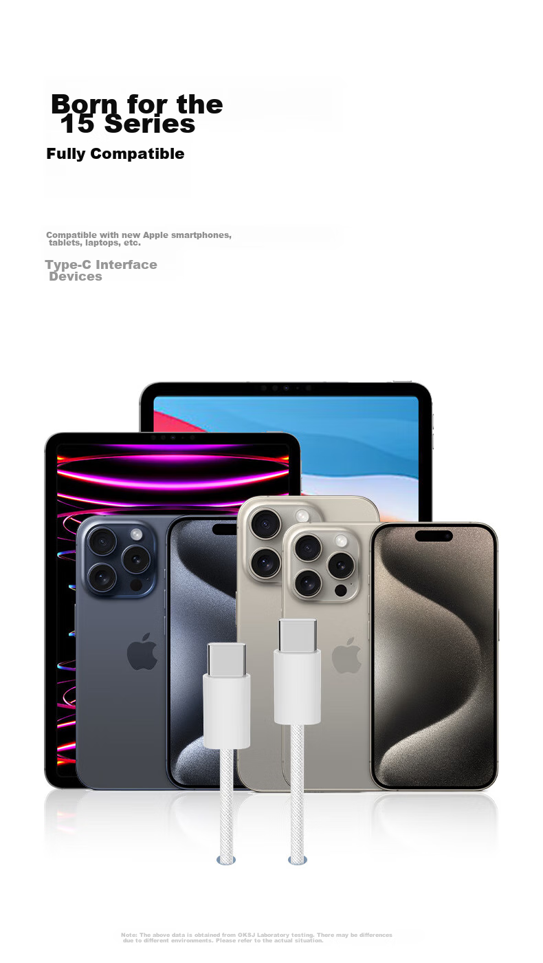 Кабель OKSJ Type-C to Type-C, 1.5 метра, 60W, для быстрой зарядки iPhone 15/16/17, iPad, ноутбуков, двухжильный плетеный, белый