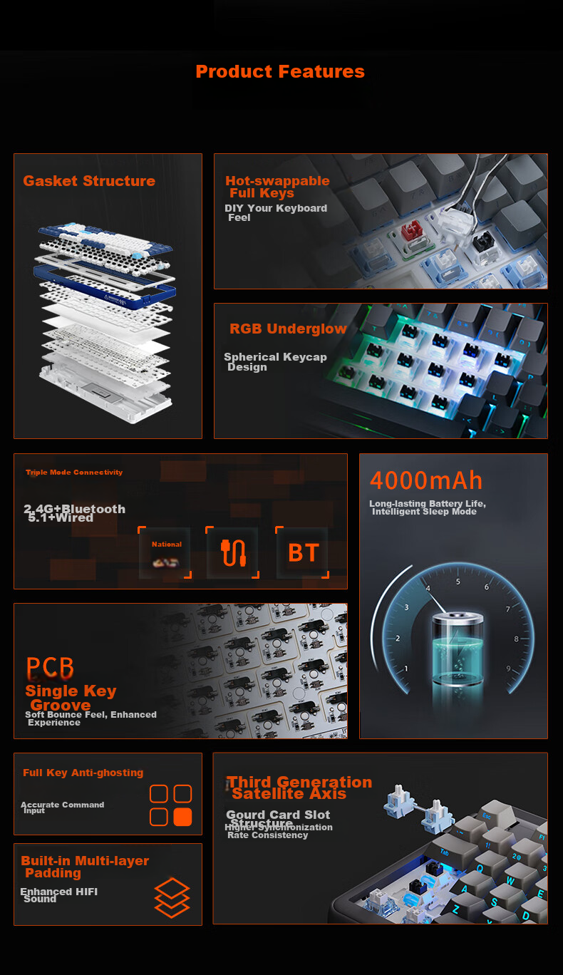 Механическая клавиатура DAREU A98 Professional Edition, 98 клавиш, беспроводная, RGB, белый дым синий