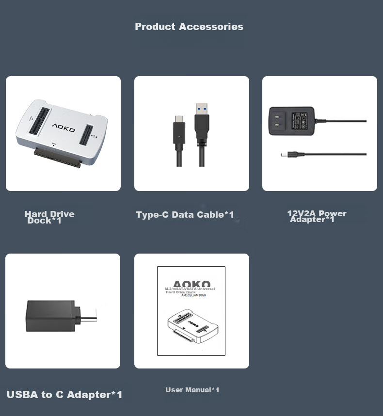 AOKO AM10SL - док-станция для SSD M.2/SATA/NVMe, mSATA, 2.5/3.5" SATA, USB Type-C, алюминий, серебристый
