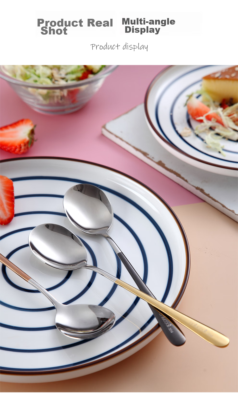 Onlycook Набор из 3 ложек из нержавеющей стали 304, ложки для супа, риса, десертов, с длинной ручкой, цветные