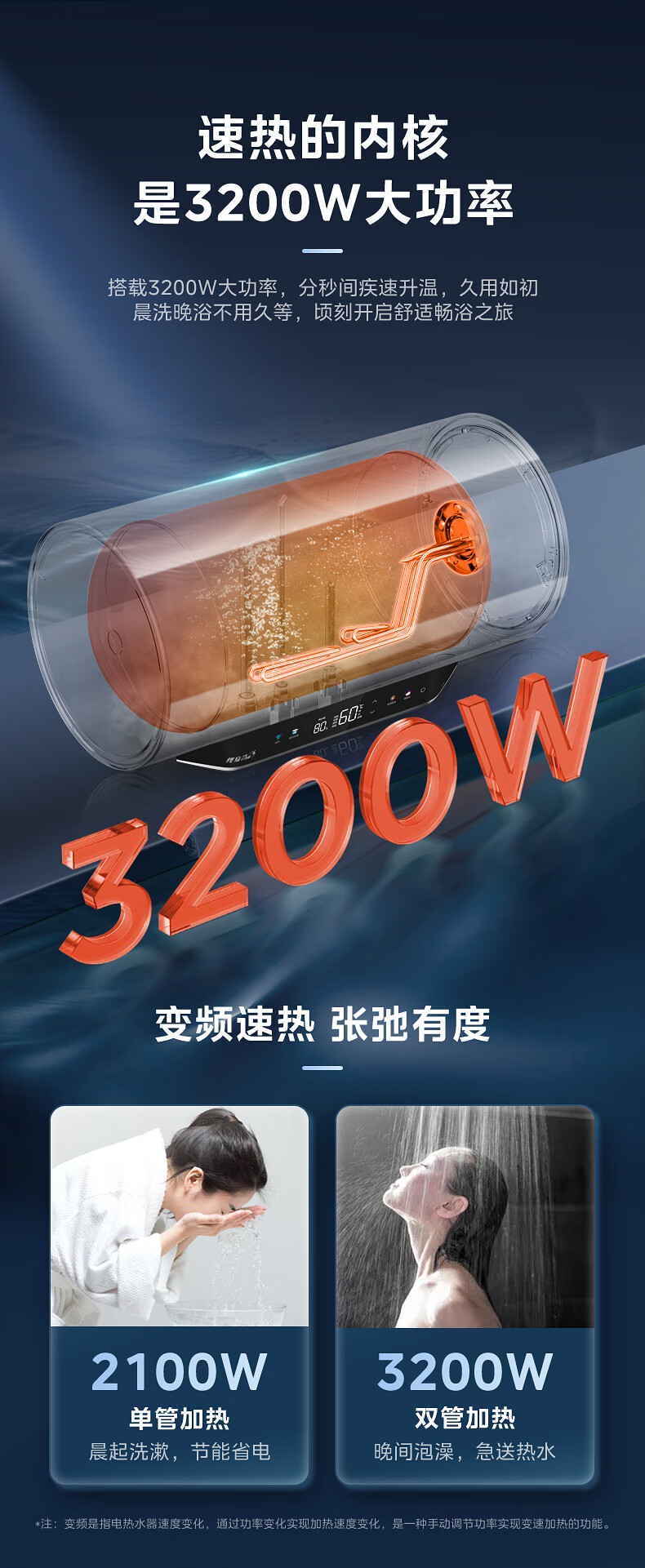 美的（Midea）电热水器80升3200W变频速热净肤无垢水电分离超大水量家用智能省电F8032-PE7(HE)