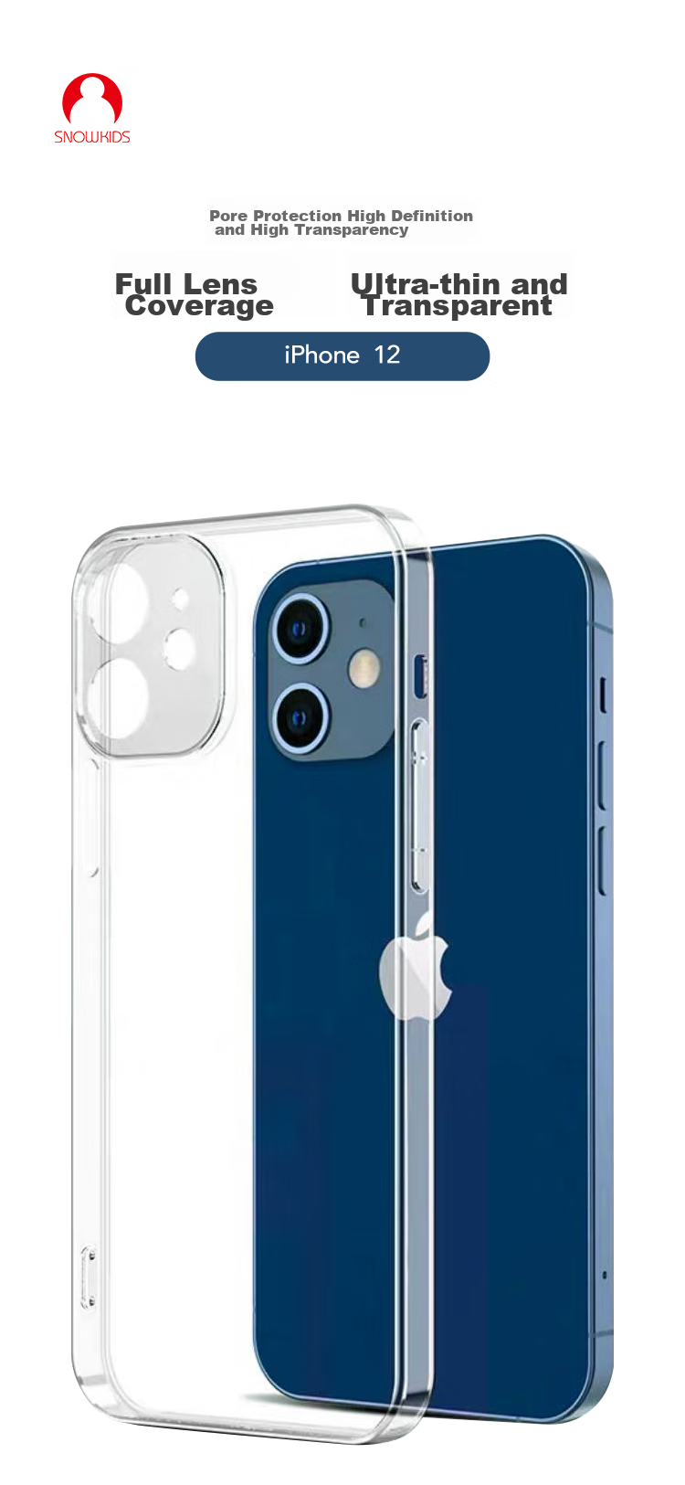 Чехол для Apple iPhone 12 Snowkids, ультратонкий, прозрачный, TPU, с защитой камеры, 6.1 дюйма
