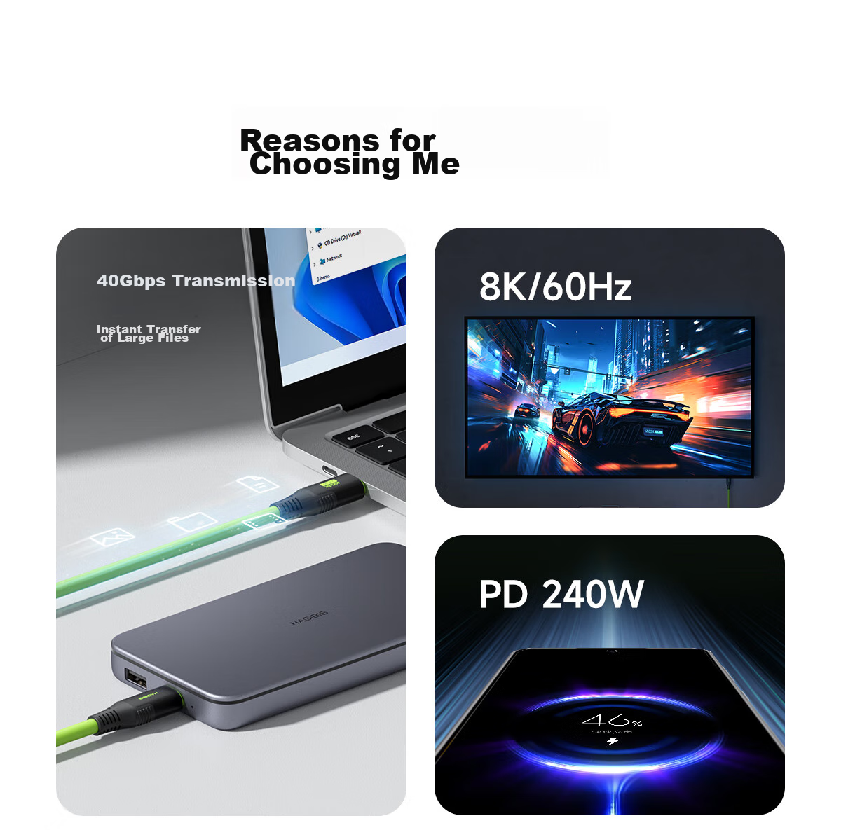 Кабель Hagibis Type-C USB4 Thunderbolt 4, 240 Вт PD, 40 Гбит/с, 8K/60 Гц, 1 м, зеленый