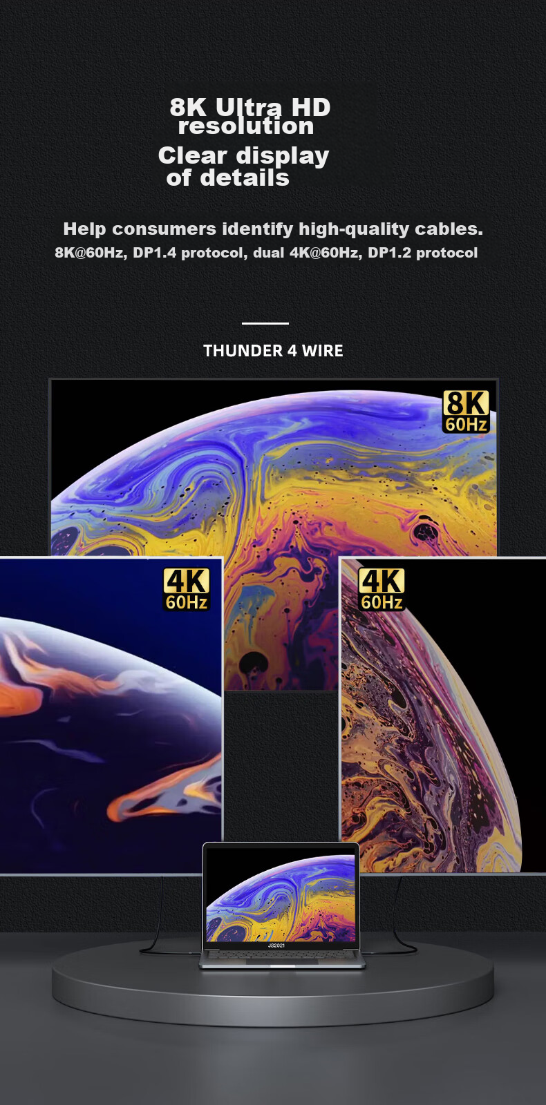Кабель BIAZE Thunderbolt 4, USB4, Type-C, 8K, 100W, 40 Гбит/с, 0.15 м