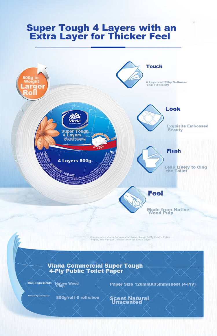 Туалетная бумага Vinda Core Roll, 4-слойная, 800г*6 рулонов, экстра прочная и толстая, коммерческая, продается коробками VS4882