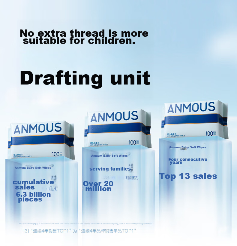 Влажные салфетки Anmous Baby Soft Wipes, для лица, сухие и влажные, увеличенные и плотные, без ворса, 100 шт. * 16 упаковок, семейный размер
