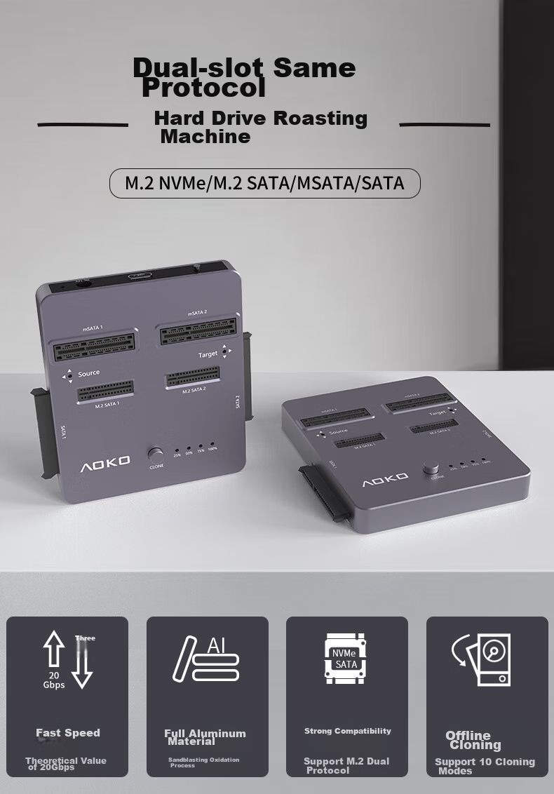 AOKO DA28GR, клонер SSD NVMe/SATA, M.2, док-станция для клонирования жестких дисков, 2 отсека, USB 3.2 Gen 2