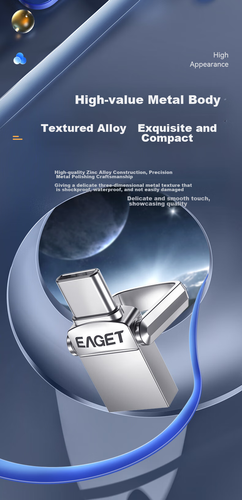 USB-флеш-накопитель EAGET CU20 Type-C USB3.2, 32 ГБ, металлический мини-накопитель для телефонов и компьютеров