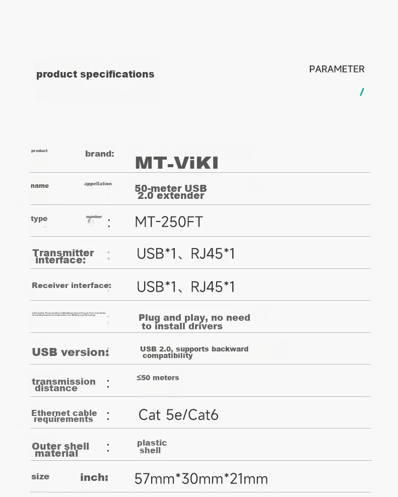 Удлинитель USB 2.0 MT-viki MT-250FT, 50 метров, через Ethernet кабель RJ45, без драйверов