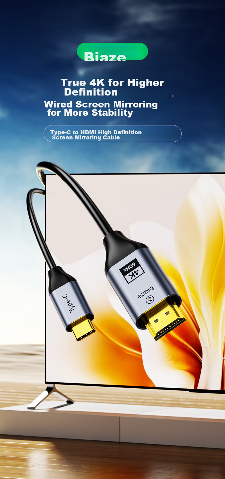Переходник BIAZE Type-C на HDMI 2.0, 4K@60Hz, для расширения экрана, зеркалирования, для ноутбуков Apple, Huawei, телефонов, планшетов iPad для подключения к телевизору или проектору
