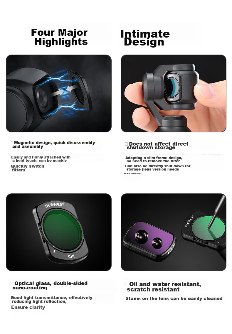 Комплект магнитных фильтров NEEWER для DJI Pocket 3, включая УФ, ND, CPL, черный мягкий 1/4