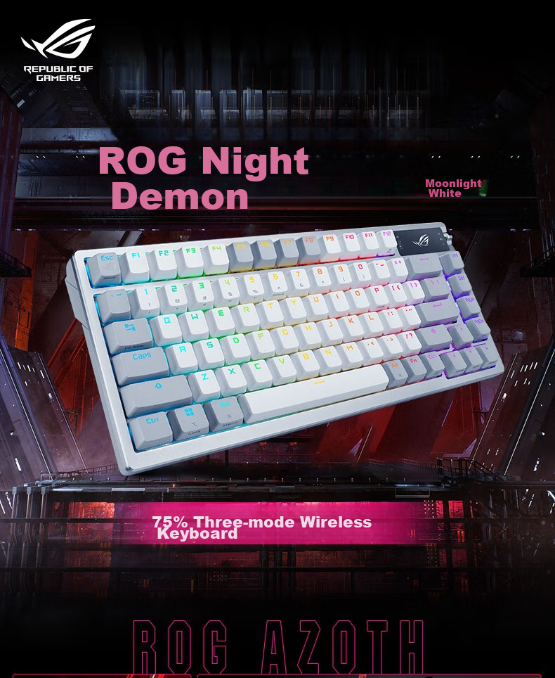 ROG Night Demon Механическая клавиатура, беспроводная/трехрежимная игровая и киберспортивная клавиатура, 75-клавишная раскладка, NX Snow White Switches, RGB Hot-Swappable Customizable Gasket Structure с OLED-экраном, Moonlight White