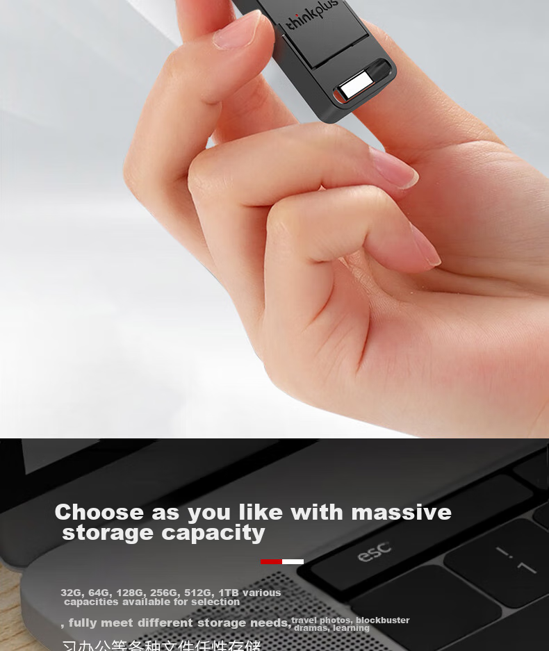 Thinkplus Lenovo 1TB Fingerprint Protection USB Flash Drive, USB3.2 с Type-C Dual Interface, Password Protection, Anti-Leakage, для телефонов и компьютеров, для офиса, серия FU100
