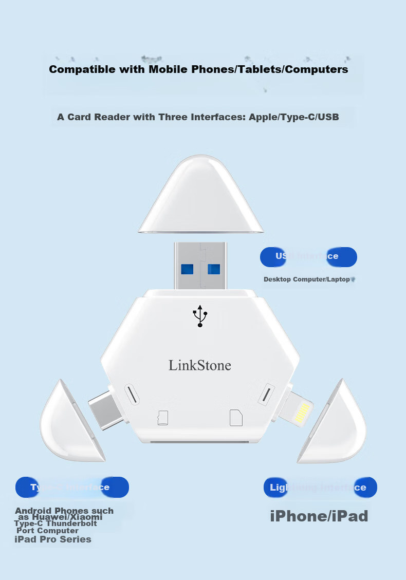 Кардридер LinkStone USB 3.0 OTG, с поддержкой Lightning/Type-C/USB, для карт SD/TF, для планшетов Android, смартфонов, камер, систем видеонаблюдения и дронов