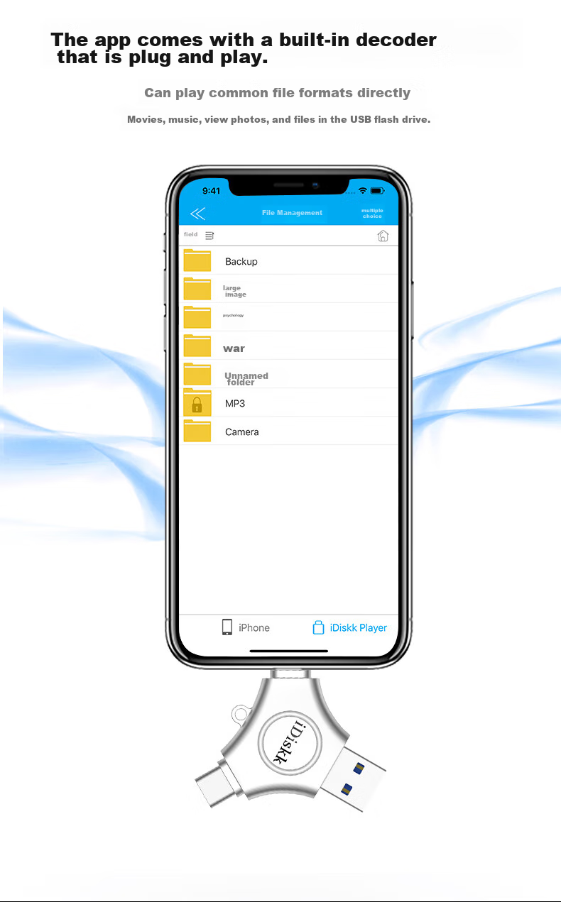 Флеш-накопитель iDiskk U030 64 ГБ MFi Certified, 3-в-1 USB Type-C Lightning, для iPhone, Android, Apple, резервное копирование фото
