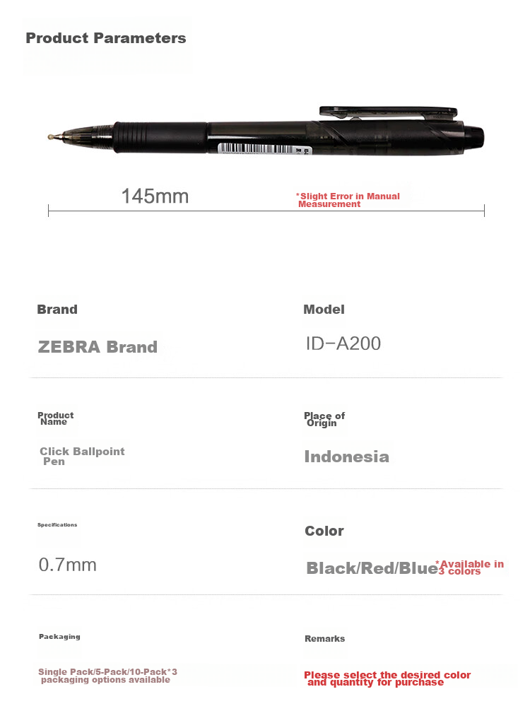 ZEBRA Genuine Ballpoint Pen Series, 0.7mm Bullet Tip, Push-Button Retractable Pen, for Students And Office Use, Medium Oil Pen, ID-A200, Black