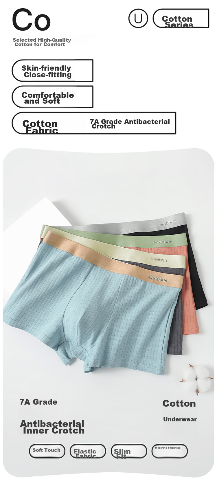 Мужские трусы LangSha, модель 7A Antibacterial Youth Shorts, дышащие, свободного кроя, размер XL