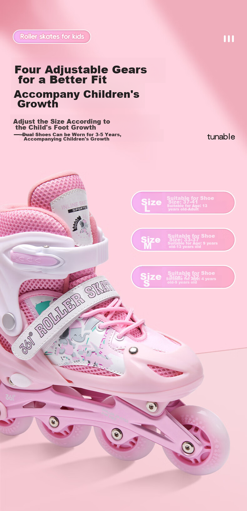 361° Детские роликовые коньки для начинающих, для мальчиков и девочек, со светящимися колесами, регулируемый размер, розовые, размер S