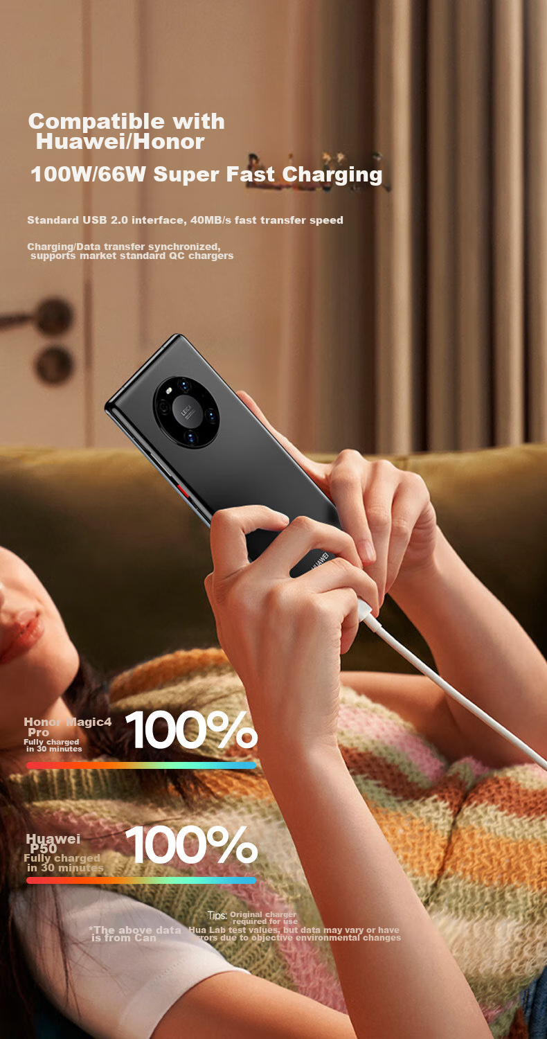 Кабель для зарядки CangHua Type-C, 6A, быстрая зарядка 100W/66W, для Huawei Mate70Pro/Pura80/P40/30/50, Honor Tablet и смартфонов, автомобильное зарядное устройство 5A, белый, 1м