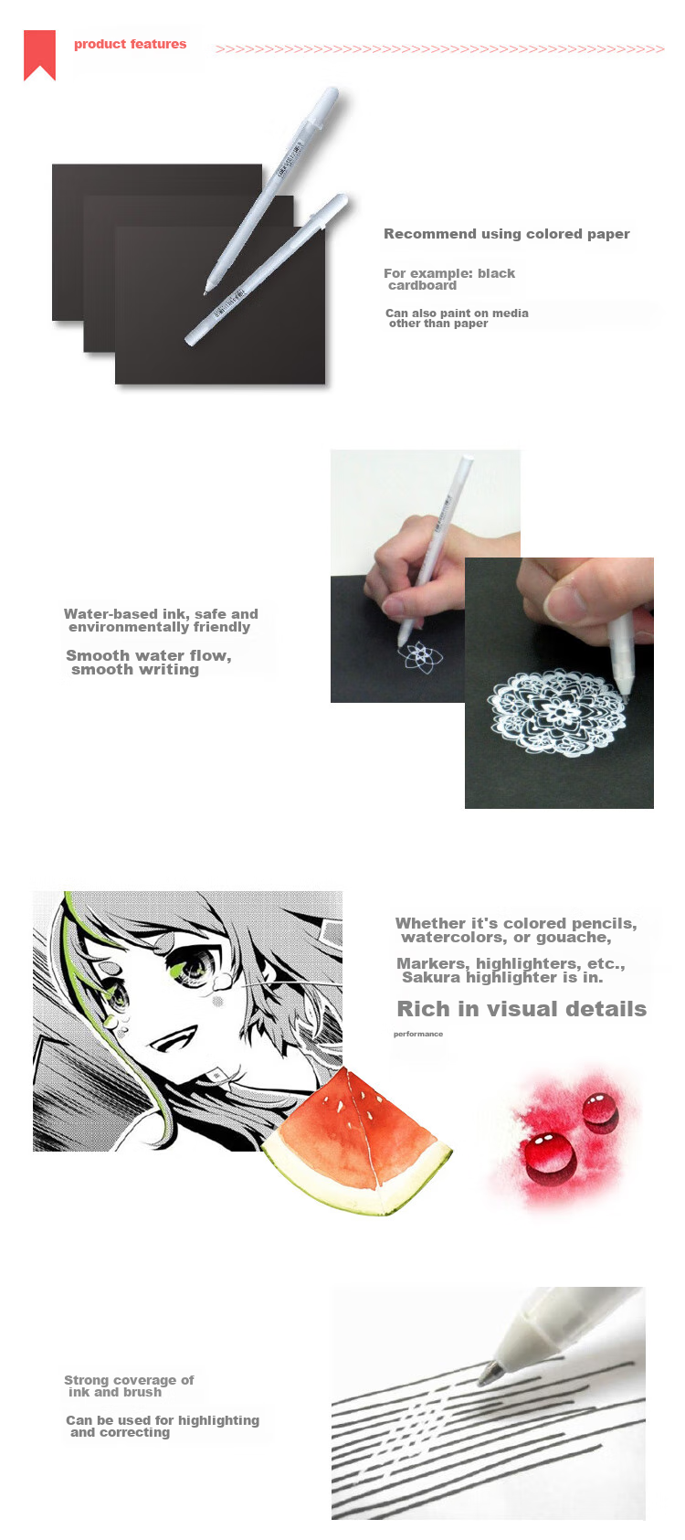 Набор гелевых ручек SAKURA, 5 шт., белый, для дневников и рисования, 0.3/0.4/0.5 мм