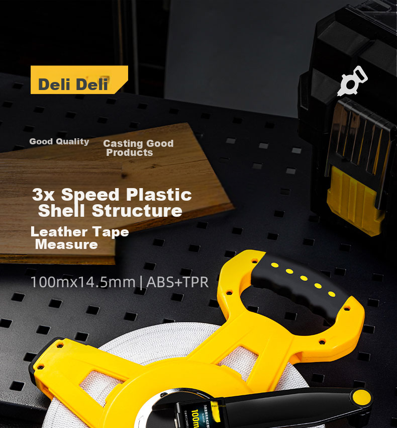 Рулетка Deli 100м, измерительная лента, 14.5мм, тройная скорость, ручная, инженерная линейка