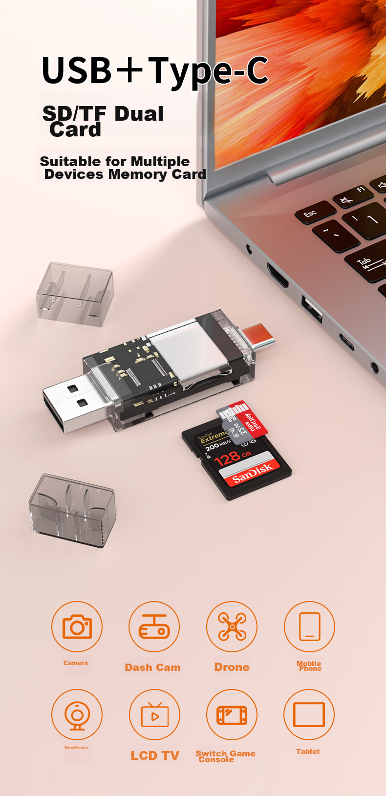Кардридер LinkStone USB/Type-C SD/TF, 2-в-1, OTG, для телефонов и компьютеров