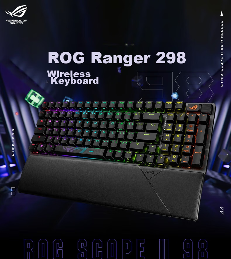 ROG Warrior 2 98 Беспроводная механическая клавиатура, проводное/беспроводное/Bluetooth тройное подключение, 96-клавишная раскладка, переключатели NX Ice Storm Gray, RGB, горячая замена