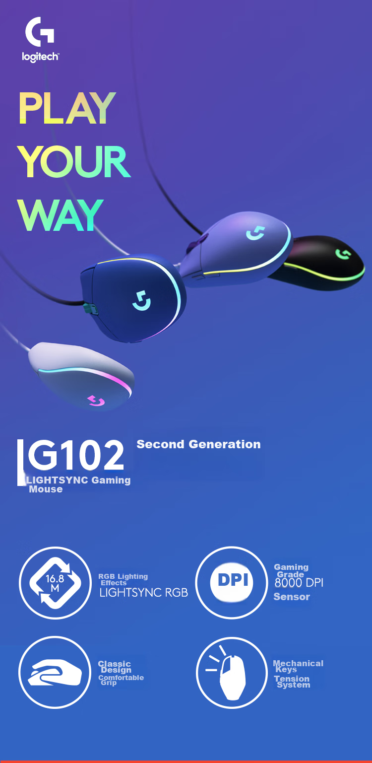Игровая мышь G G102 второго поколения, RGB подсветка, 8000 DPI, черный