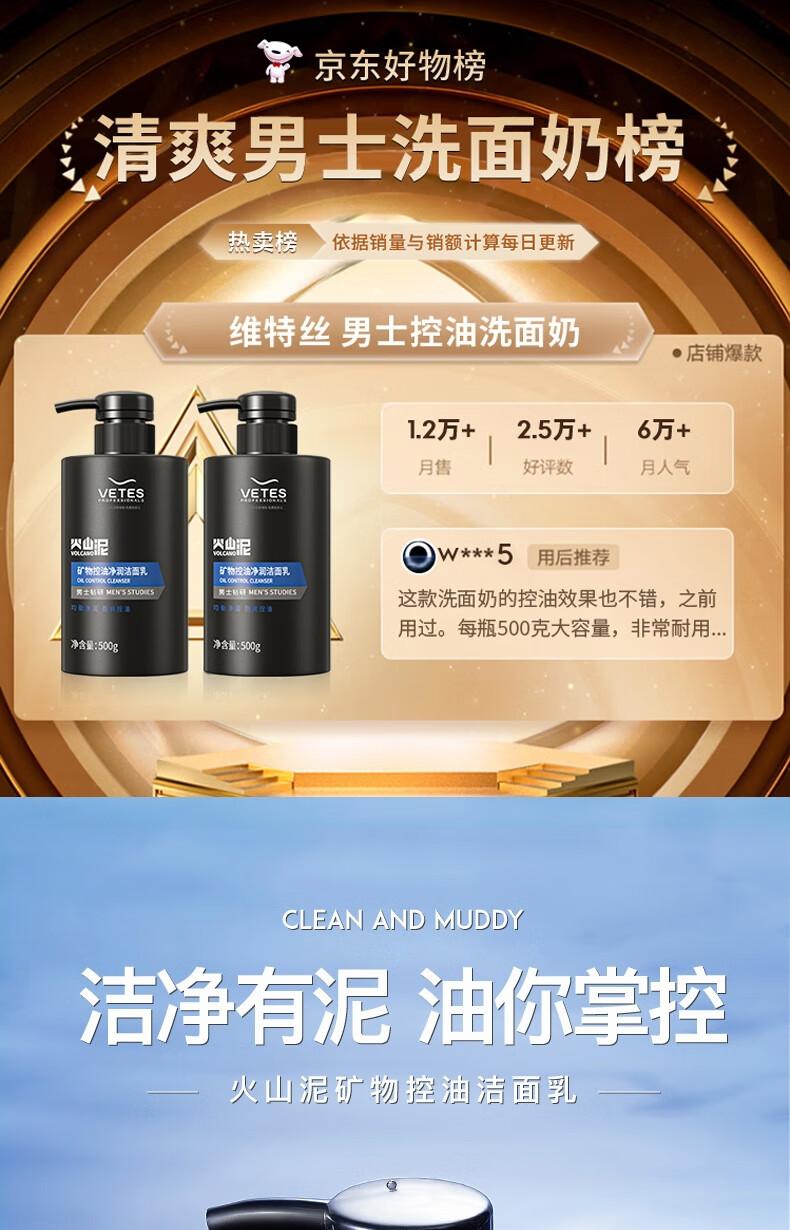维特丝（vetes）洗面奶男士专用控油抗痘洁面乳痘印黑头清洁毛孔氨基酸保湿护肤品 【高阶洁面】海盐控油洁面乳250g