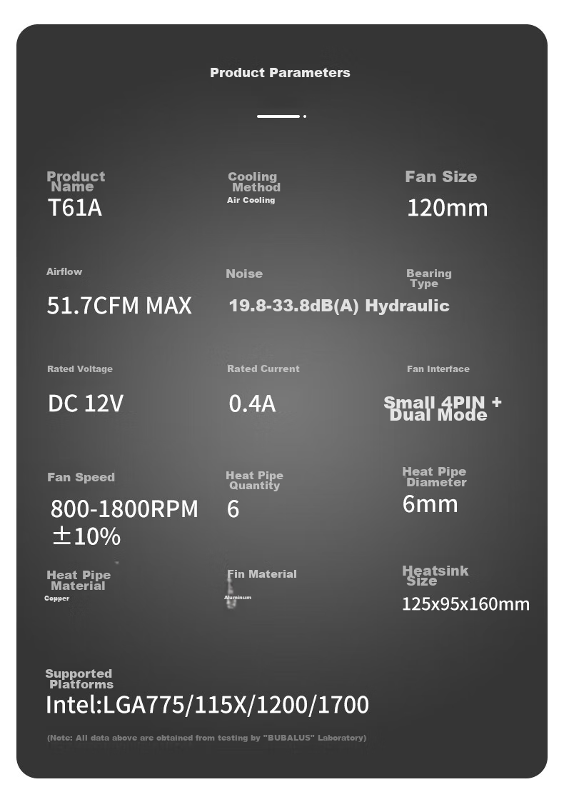 Кулер для процессора BUBALUS T61A, 6 тепловых трубок, ARGB подсветка, Intel LGA1700/1200/115X, 12см PWM вентилятор