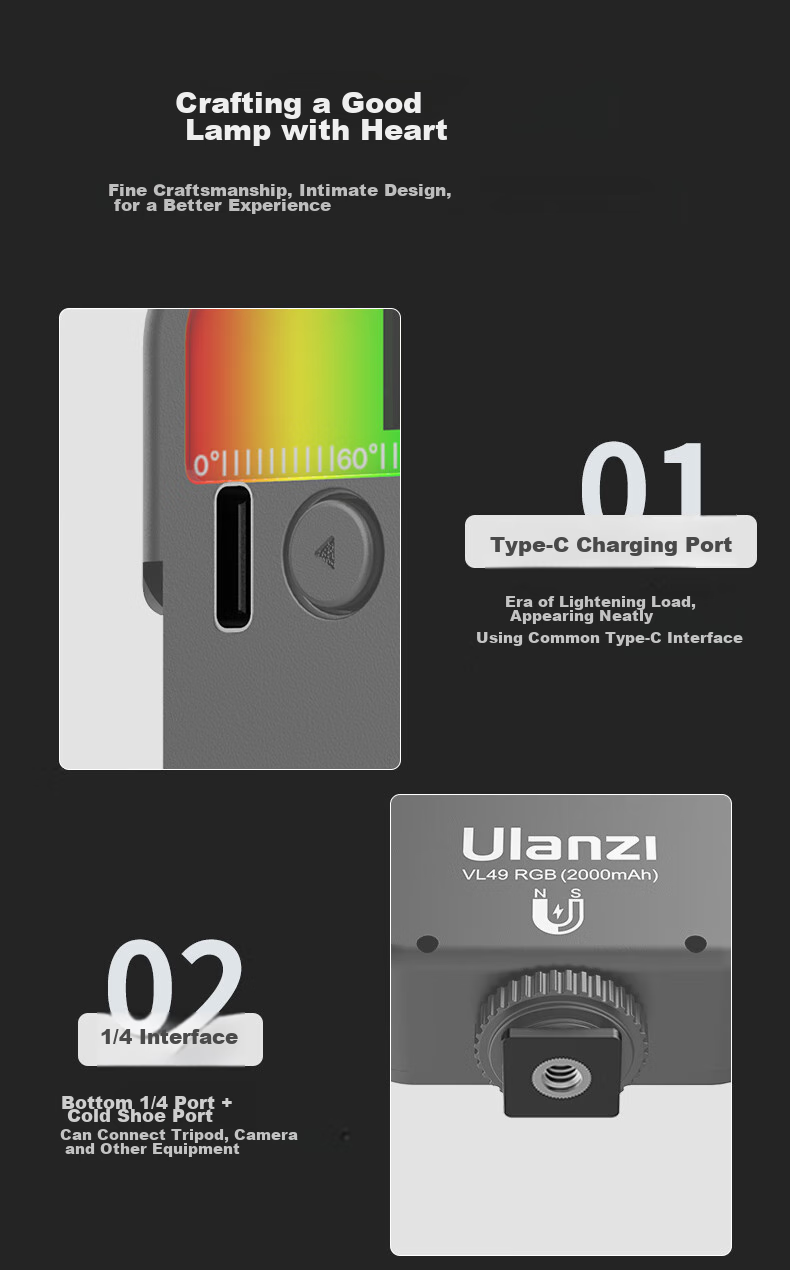 Ulanzi VL49RGB Bluetooth Remote Control Kit (Black), Магнитный полноцветный заполняющий свет, портативный светодиодный карманный двухцветный источник света для прямой трансляции, фонарик для камеры телефона