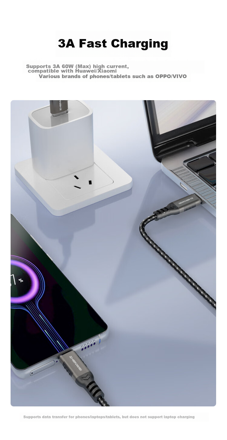 Кабель ZHENWEI USB 3.2 Type-C, 3 метра, 10 Гбит/с, 3А, для Apple, Huawei, Xiaomi