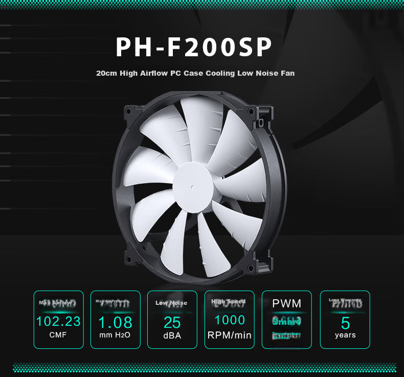 Компьютерный вентилятор PHANTEKS F200SP, 200 мм, высокопроизводительный, с гидравлическим подшипником, толщиной 30 мм, низким уровнем шума, антивибрационный, с винтами, 4-контактный PWM, без подсветки, белый
