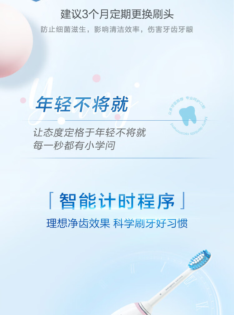 飞利浦(PHILIPS) 电动牙刷 成人声波震动(自带刷头*2) 智能净白 牙龈呵护 HX3226/41（新老包装随机发货）