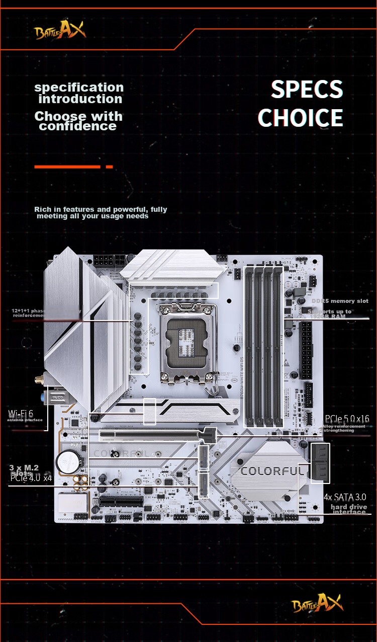 Материнская плата Colorful BATTLE-AX B760M-WHITE WIFI D5 V20 DDR5, Steel Gray, Поддержка процессоров Intel LGA 1700 (14600KF/12600KF)