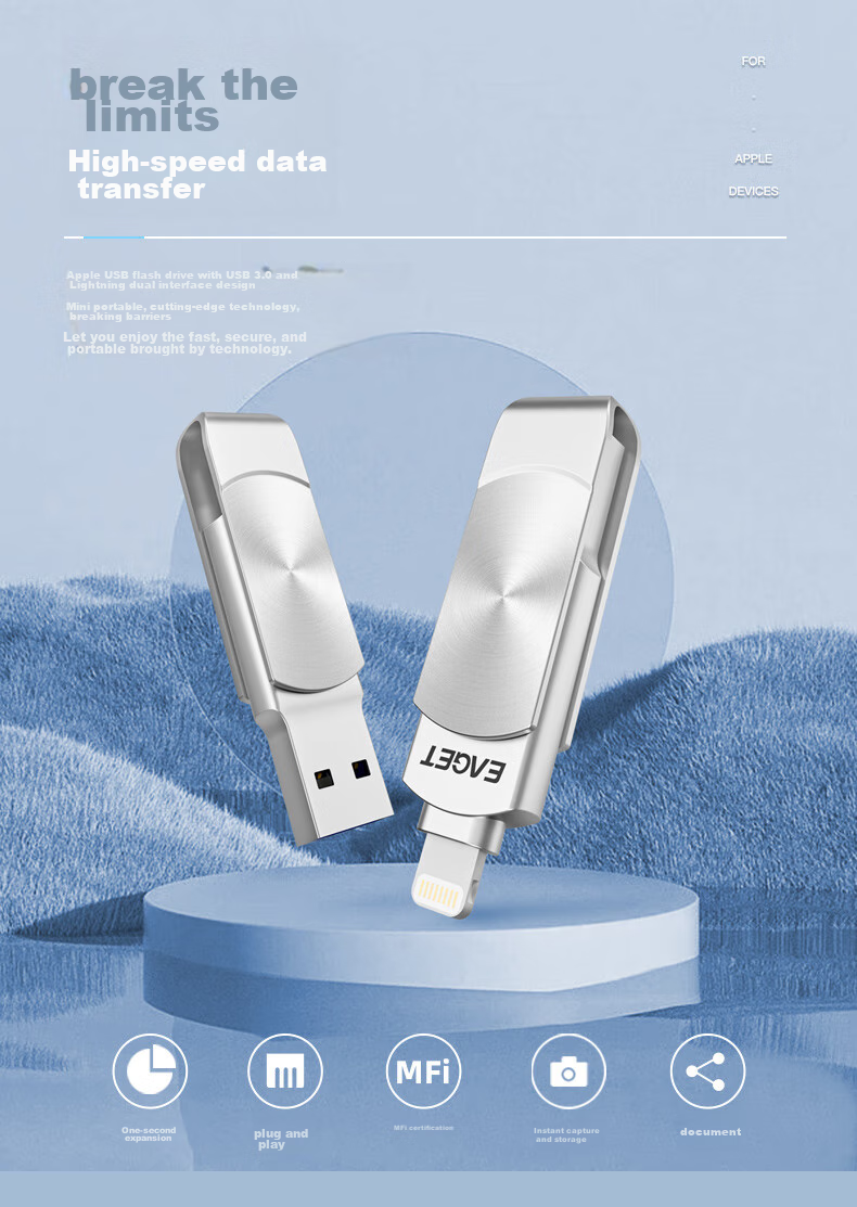 Флеш-накопитель EAGET I66 Lightning USB 3.0, 128 ГБ, MFi сертифицированный, для iPhone/iPad и компьютеров, серебристый