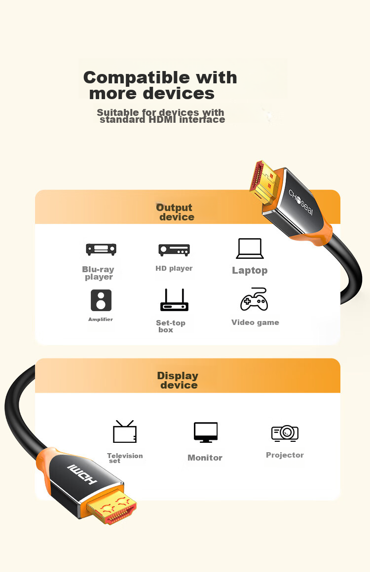 Кабель CHOSEAL HDMI версии 2.0, 4K/60Hz HD, с графеновым экранированием, для подключения ноутбука, ТВ-приставки к телевизору/проектору, 1 метр, QS8110AT1