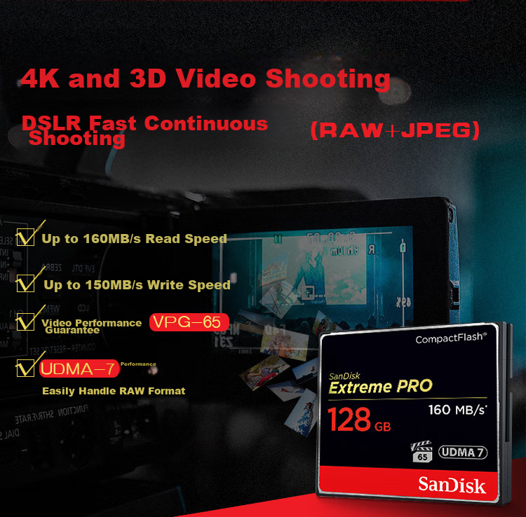 Карта памяти SanDisk Extreme PRO CompactFlash, 128 ГБ, скорость чтения 160 МБ/с, скорость записи 150 МБ/с