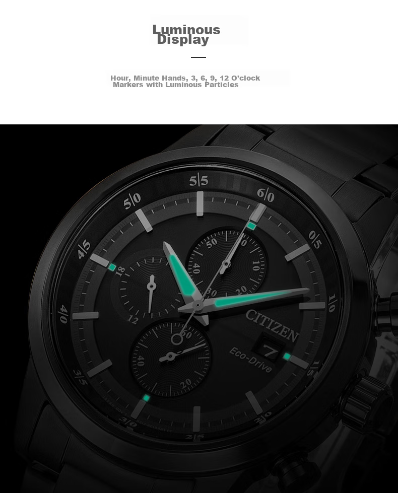 Мужские часы CITIZEN CA0615-59E, кварцевые, Eco-Drive, стальной корпус и браслет, черный циферблат, водонепроницаемые 100м