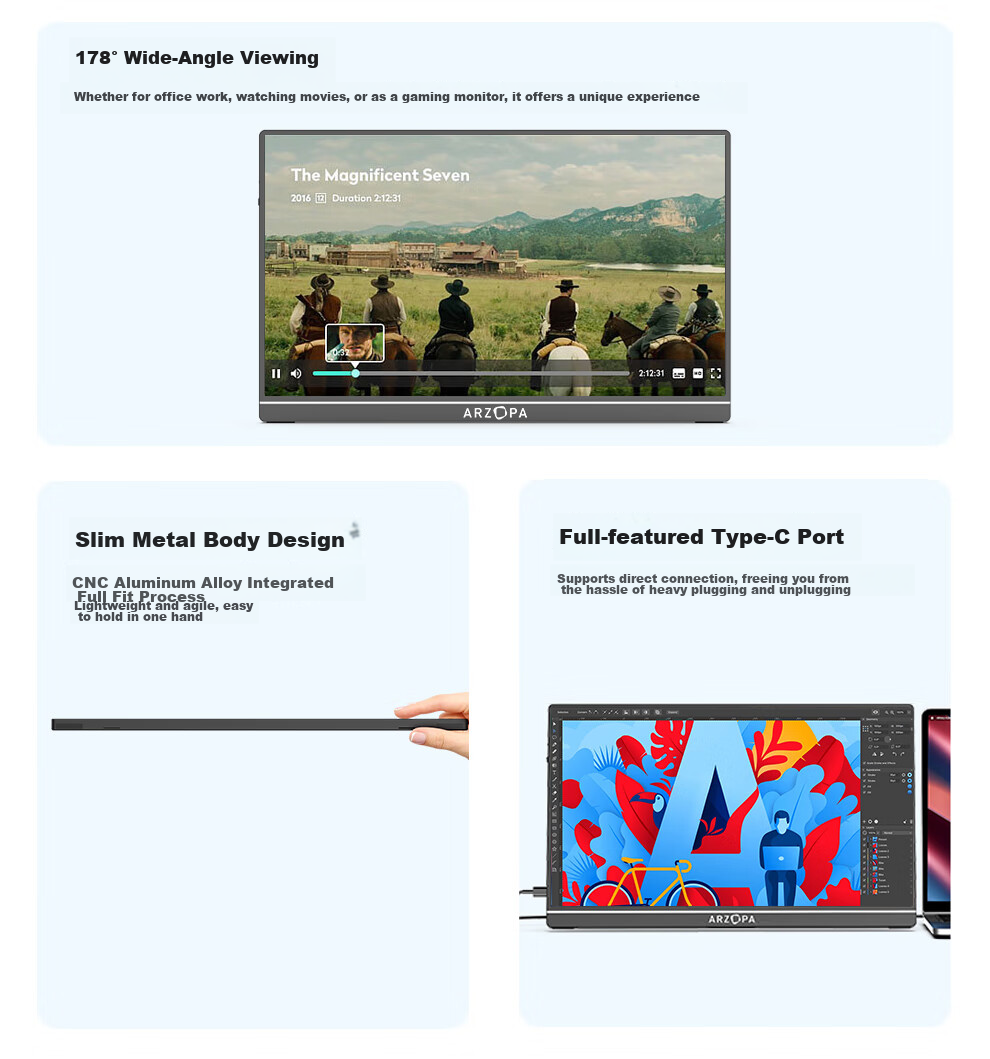 Портативный монитор ARZOPA A1 GAMUT 15.6" Full HD (1920x1080), IPS, 60Hz, 16:9, HDR10, черный