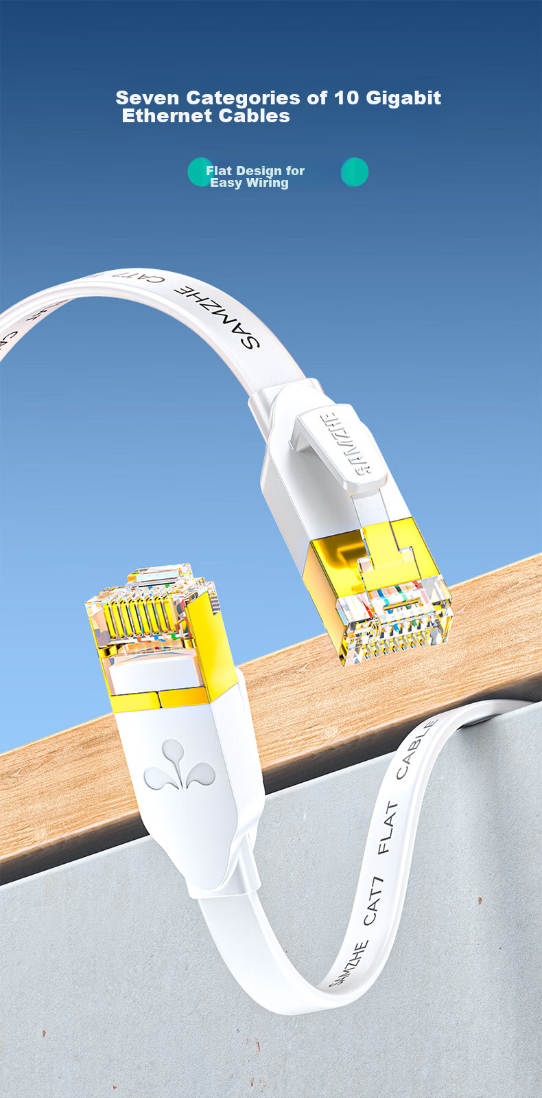 Сетевой кабель SAMZHE CAT7 Flat Pure Copper Shielded Network Cable, 10 Gigabit Ethernet Cable for Home Broadband, White Flat Patch Cord, 8 Meters CAT-708A