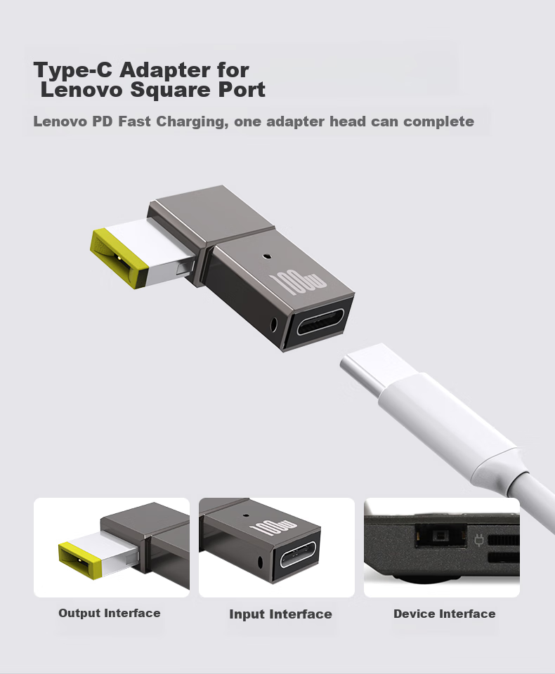 Адаптер Delippo Type-C на квадратный разъем Lenovo, 100W, для зарядки ноутбуков Thinkpad