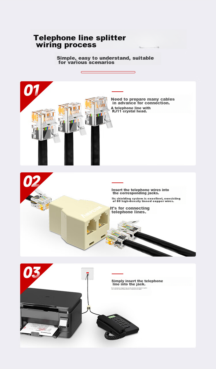 Разветвитель телефонный AMPCOM RJ11, 1 в 3, желтый