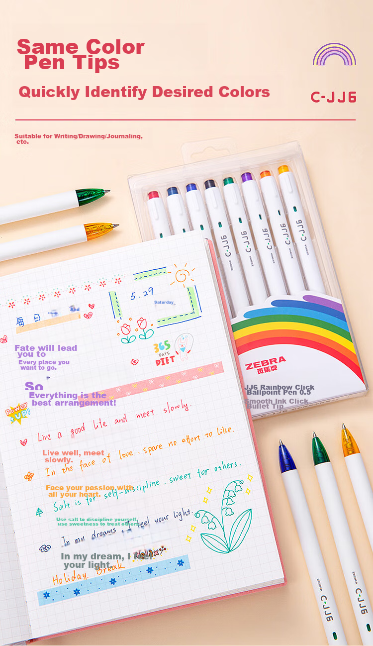 ZEBRA Rainbow Retractable Gel Pen, 0.5mm Bullet Tip Signing Pen, Colorful Student Drawing Marking Coloring Journal Pen Ink Pen C-JJ6 Blue-Black Single Pe