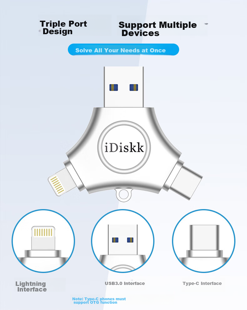 Флеш-накопитель iDiskk U030 64 ГБ MFi Certified, 3-в-1 USB Type-C Lightning, для iPhone, Android, Apple, резервное копирование фото
