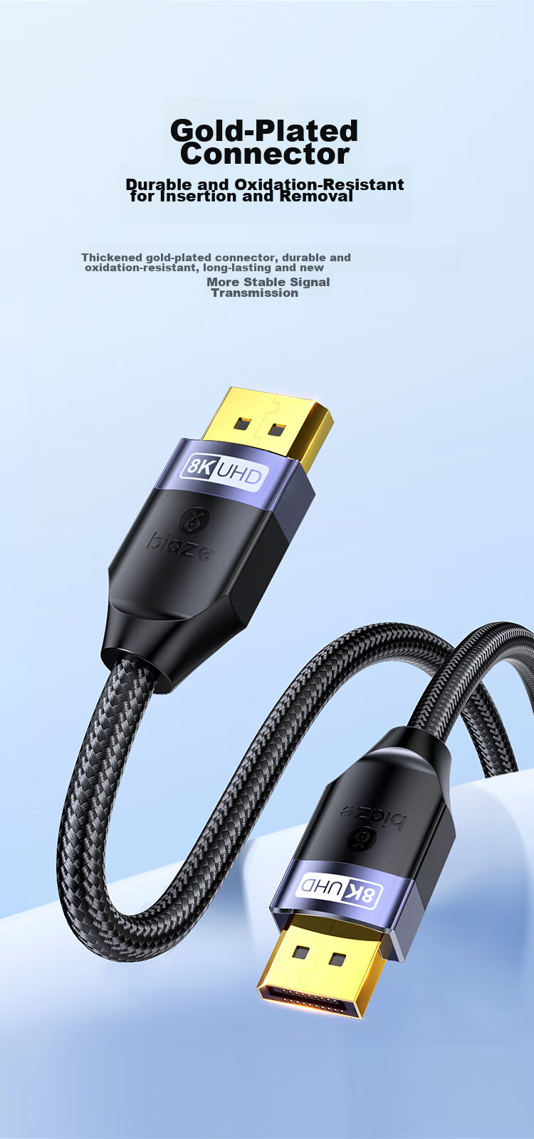 Кабель BIAZE DisplayPort 1.4, 8K, 3 метра, 4K240Hz, для подключения видеокарты к монитору, черный