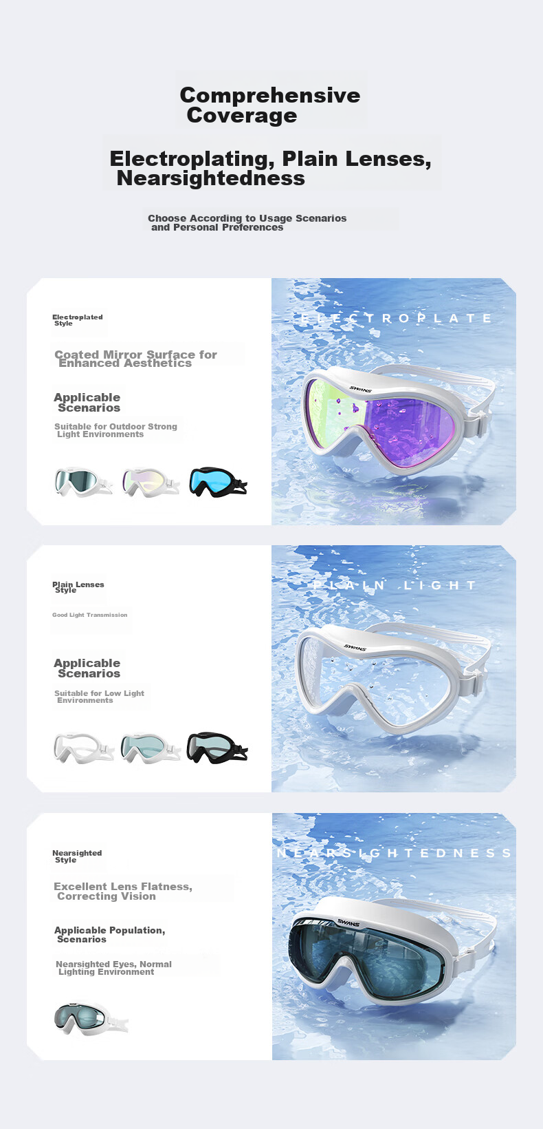 Очки для плавания SWANS Adult Swimming Goggles, мужские и женские, с широким обзором, антифог, защита от УФ, противотуманные, для взрослых, для дайвинга, профессиональные, большие, модель Ice White