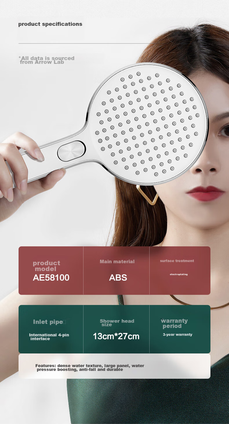 Душевая лейка ARROW AE58100CP, 3 режима, ABS пластик, уровень 2, 14 см